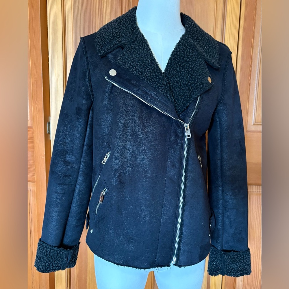 American Eagle Outfitters Faux Suede & Faux Shearling Charcoal Moto Jacket Sz S - Picture 3 of 12
